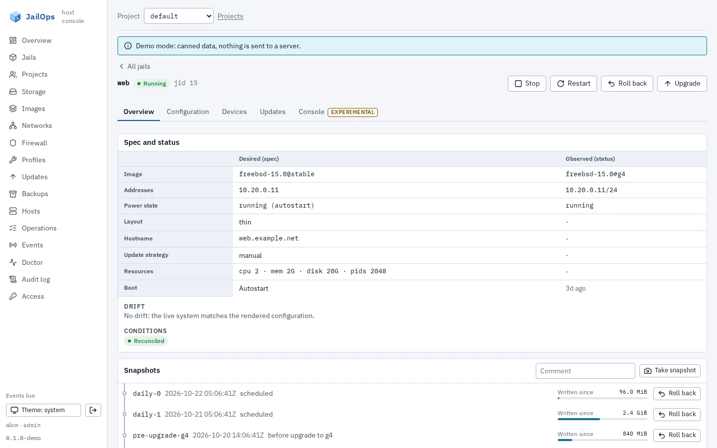 The JailOps host console in light theme, showing one jail with its desired and observed state, snapshots with the bytes written since each, network attachments, firewall policy, volumes and provisioning.