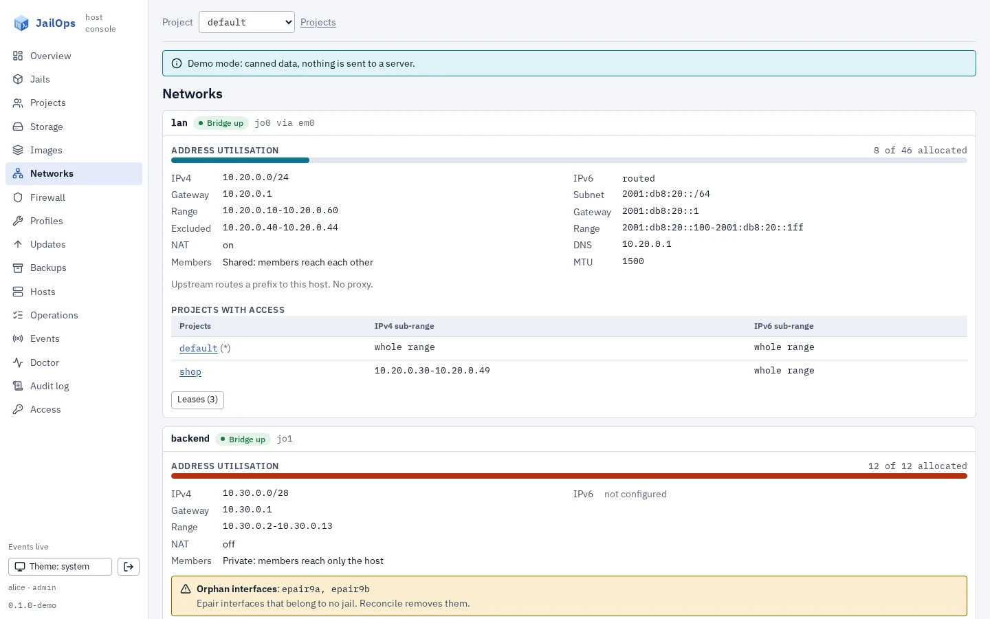 The JailOps host console in light theme, listing managed networks with address utilisation, ranges, IPv6 mode, whether members are private, and the projects that may use each range.