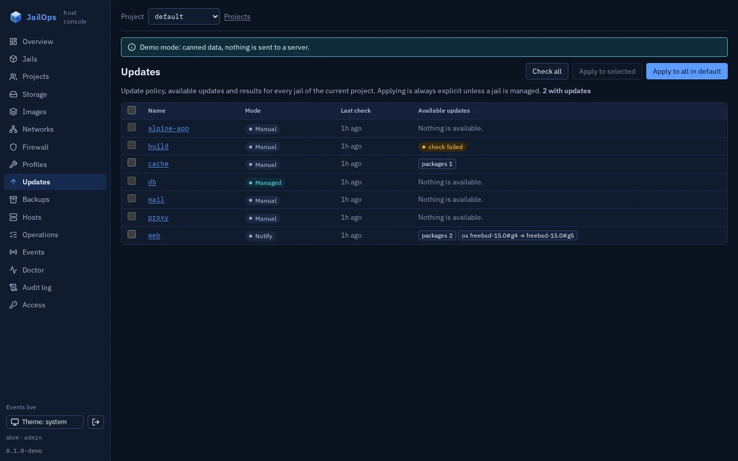 The JailOps host console in dark theme, showing each jail with its update mode, the time of the last check and the updates that are available.